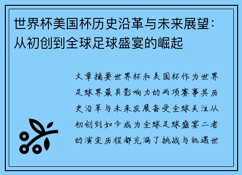 世界杯美国杯历史沿革与未来展望：从初创到全球足球盛宴的崛起