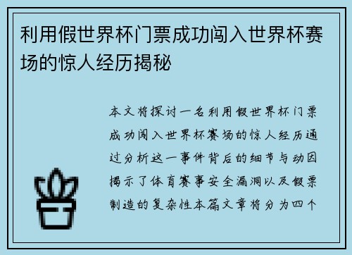 利用假世界杯门票成功闯入世界杯赛场的惊人经历揭秘
